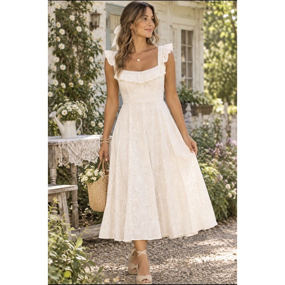 Zara eyelet off shoulder ivory midi cottage women’s dress smocked runs small*